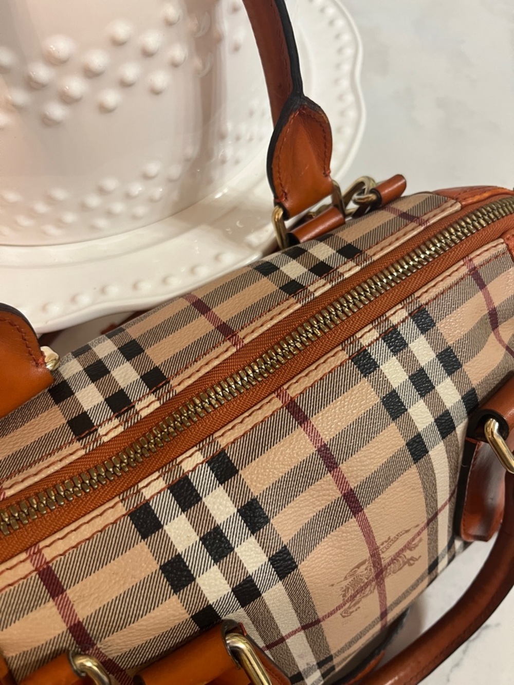 Burberry Orange, Tan & Beige Check Satchel - Picture 5 of 16